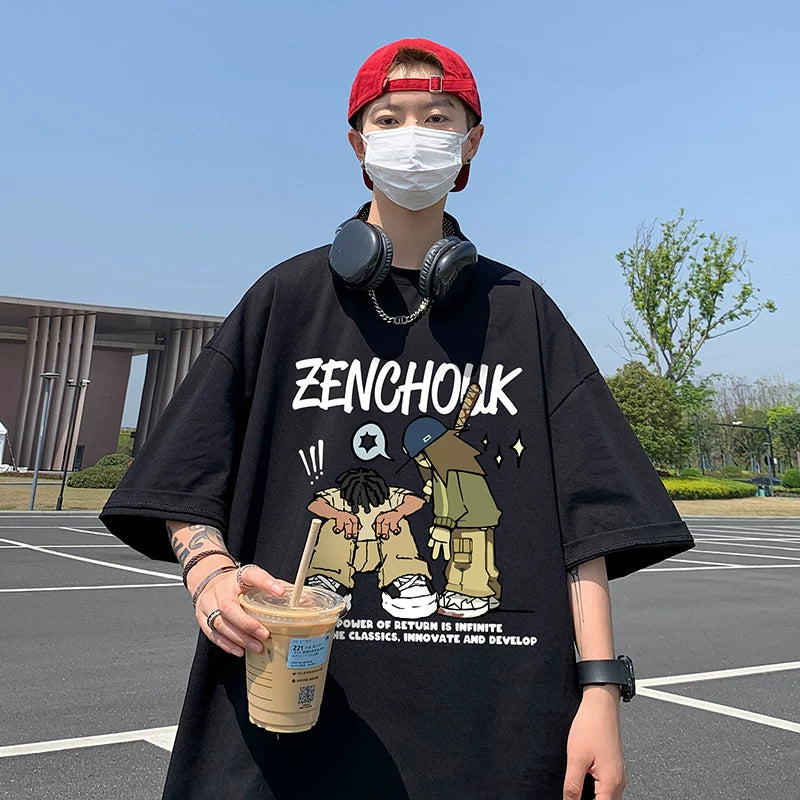 Cartoon printed short sleeved men's summer 2026 new American casual versatile teenage boys loose cotton t-shirt