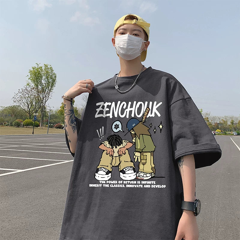 Cartoon printed short sleeved men's summer 2026 new American casual versatile teenage boys loose cotton t-shirt