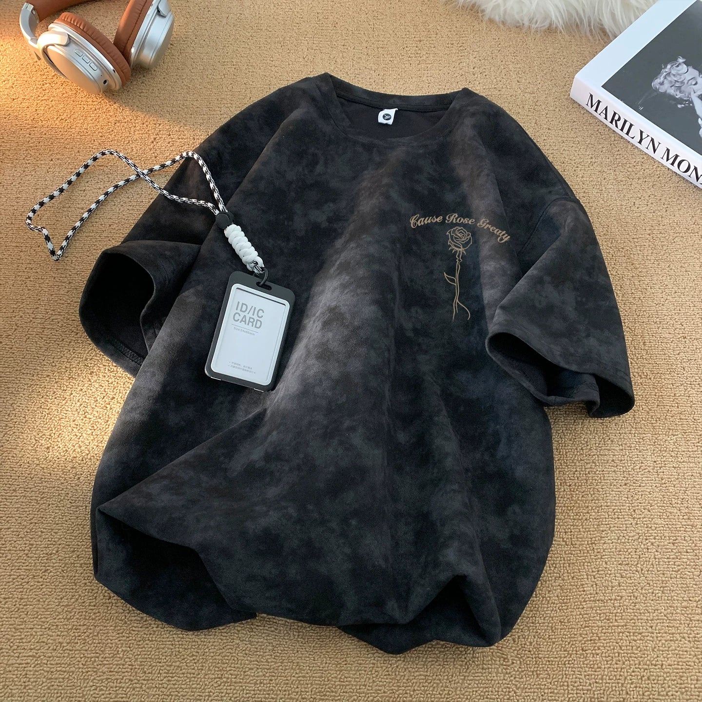 Trendy suede short sleeved T-shirt for men in summer 2026, new heavyweight five quarter sleeve loose fit youth handsome T-shirt