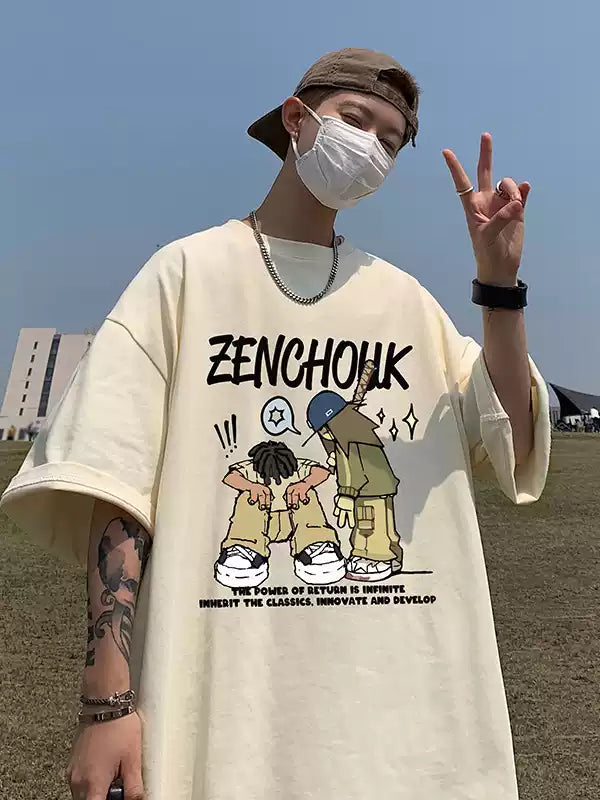 Cartoon printed short sleeved men's summer 2026 new American casual versatile teenage boys loose cotton t-shirt