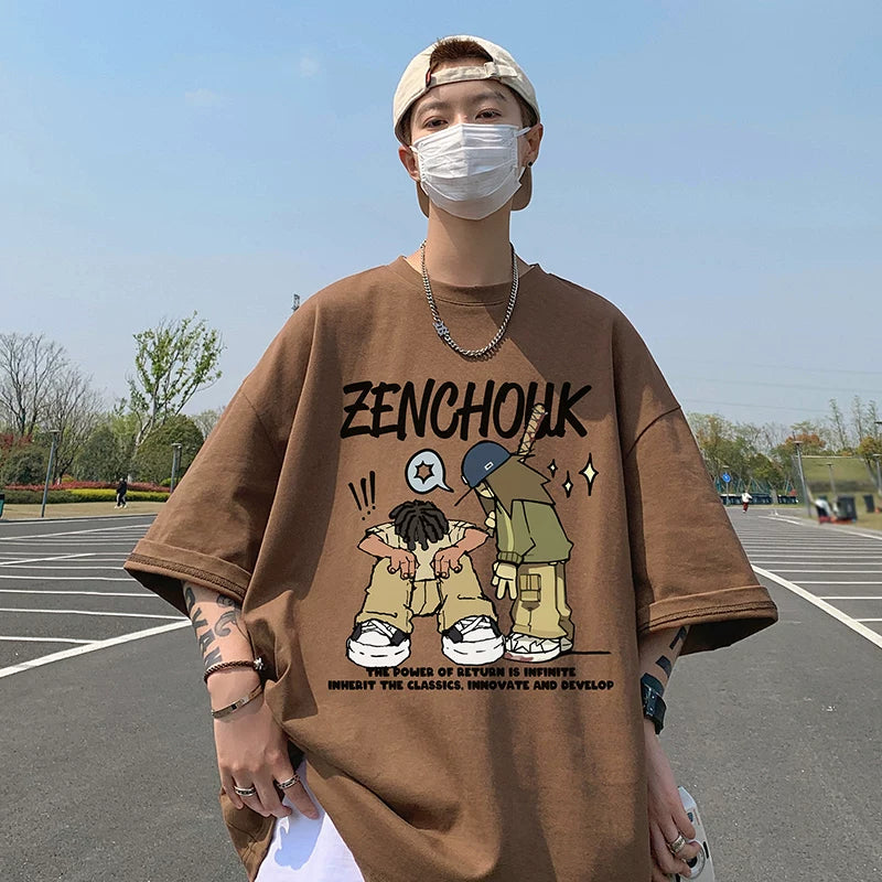 Cartoon printed short sleeved men's summer 2026 new American casual versatile teenage boys loose cotton t-shirt