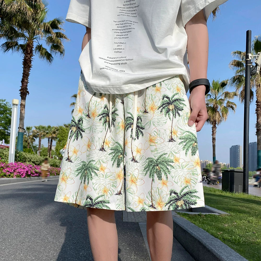 Ice silk cool feeling Hawaiian beach shorts for men in summer, thin design for teenagers, trendy brand, casual and breathable five part pants