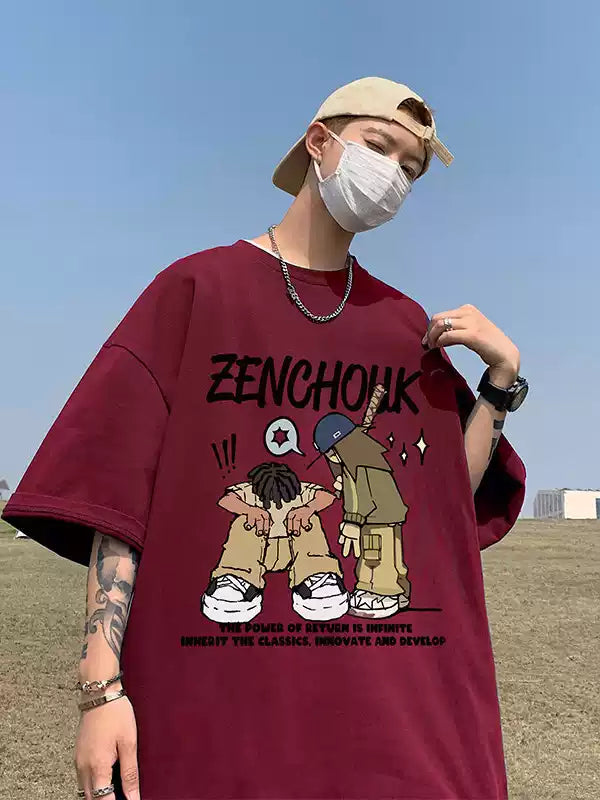 Cartoon printed short sleeved men's summer 2026 new American casual versatile teenage boys loose cotton t-shirt