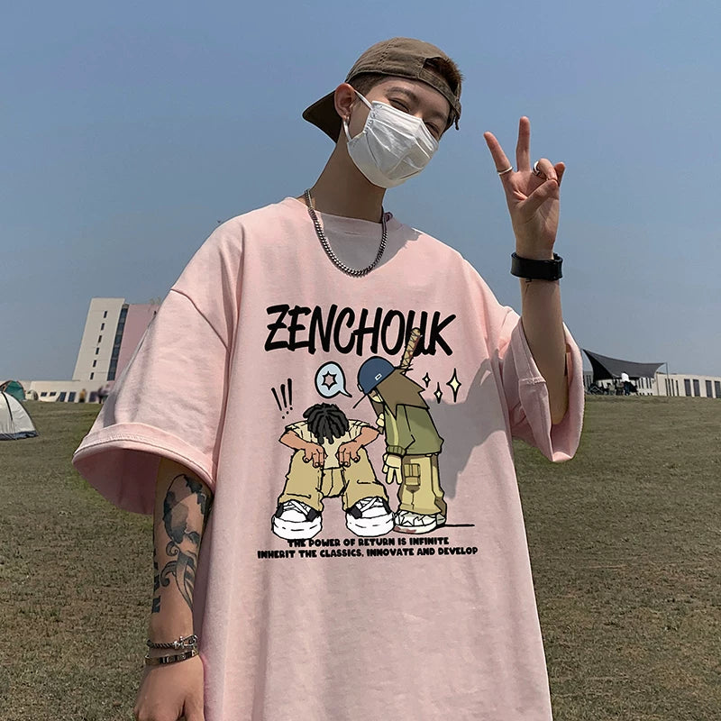 Cartoon printed short sleeved men's summer 2026 new American casual versatile teenage boys loose cotton t-shirt