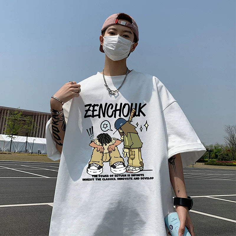 Cartoon printed short sleeved men's summer 2026 new American casual versatile teenage boys loose cotton t-shirt